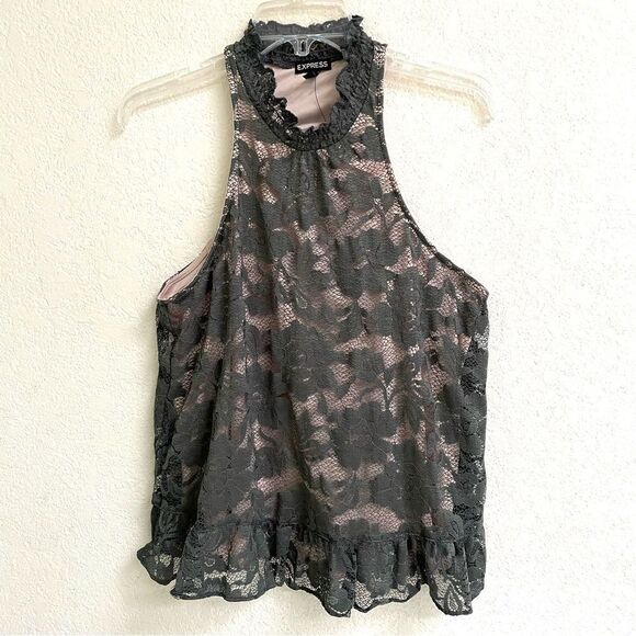 EXPRESS Boho Olive Green Rose Lace High-neck Racerback Peplum Bottom Blouse M - Picture 4 of 9